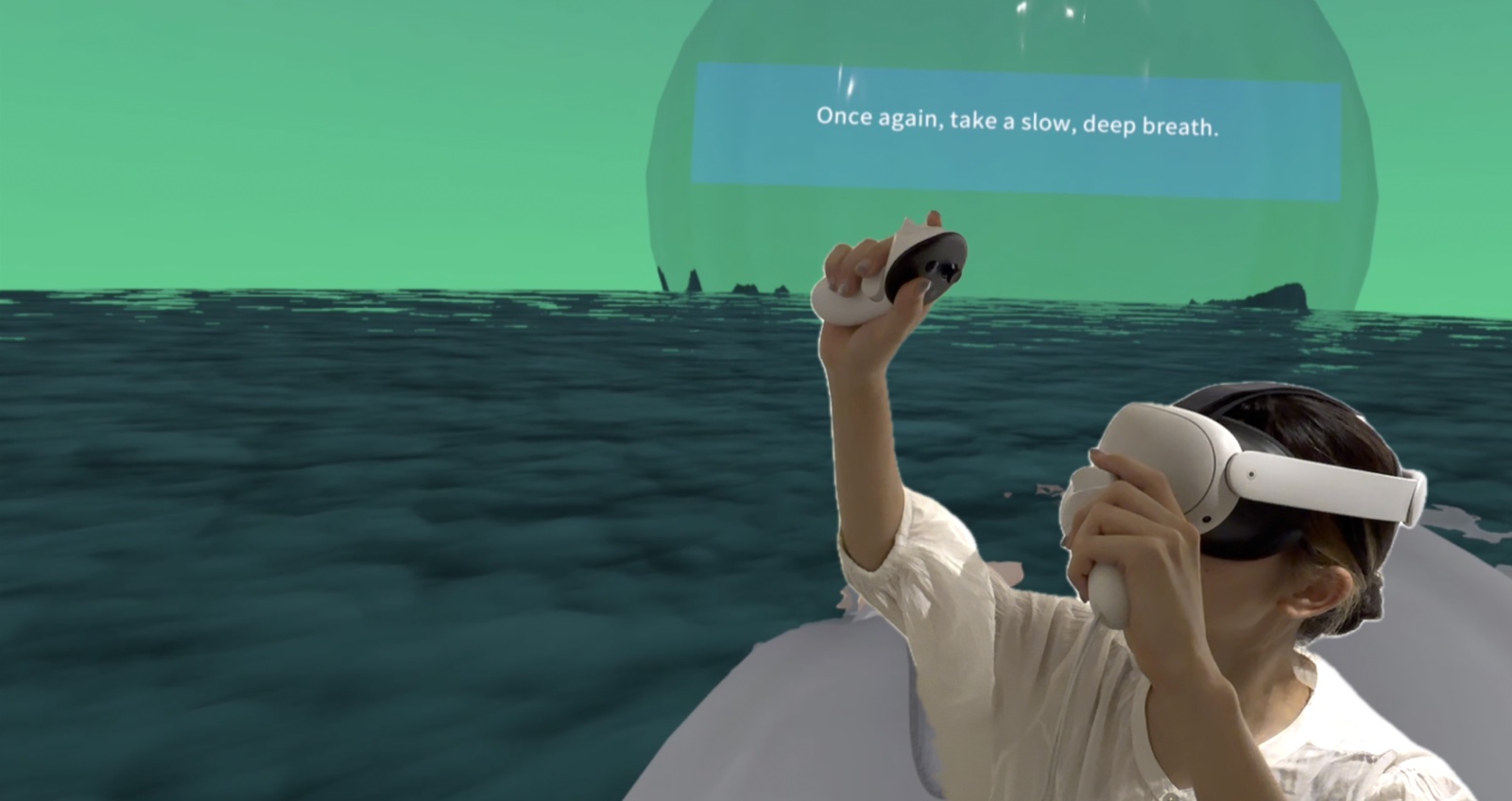 ImmersiveDMT: a user in a VR headset on a calm sea, guided to take a slow, deep breath