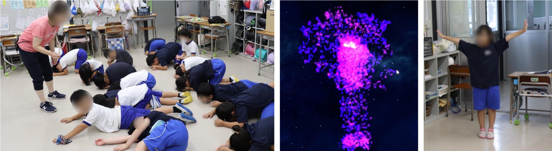 MotionTales: children moving in a classroom, the captured motion rendered as particles, and a child posing